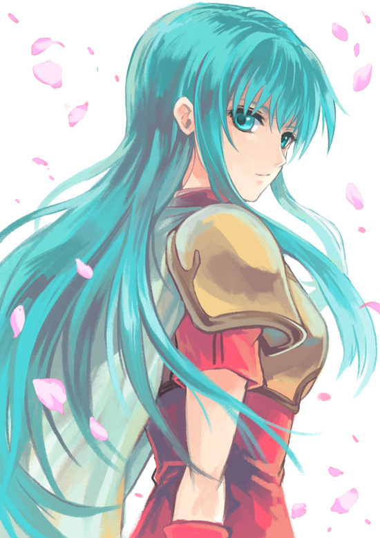 1girl, akr369akr, aqua_eyes, armor, blue_hair, breastplate, cape, cherry_blossoms, closed_mouth, eirika_(fire_emblem), fire_emblem, fire_emblem:_the_sacred_stones, floating_hair, from_side, long_hair, looking_at_viewer, looking_back, red_shirt, shiny, shiny_hair, shirt, short_sleeves, shoulder_armor, sidelocks, smile, solo, upper_body, very_long_hair, white_background, white_cape