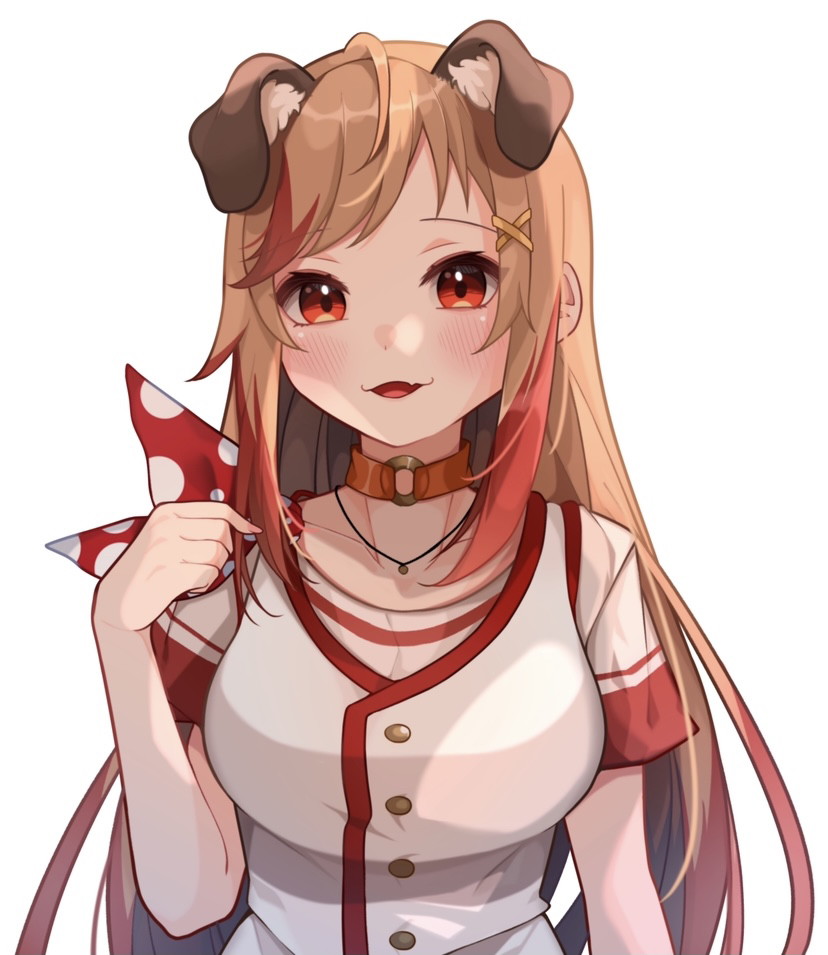 1girl, animal_ears, animare, blush, brown_hair, buttons, colored_tips, fang