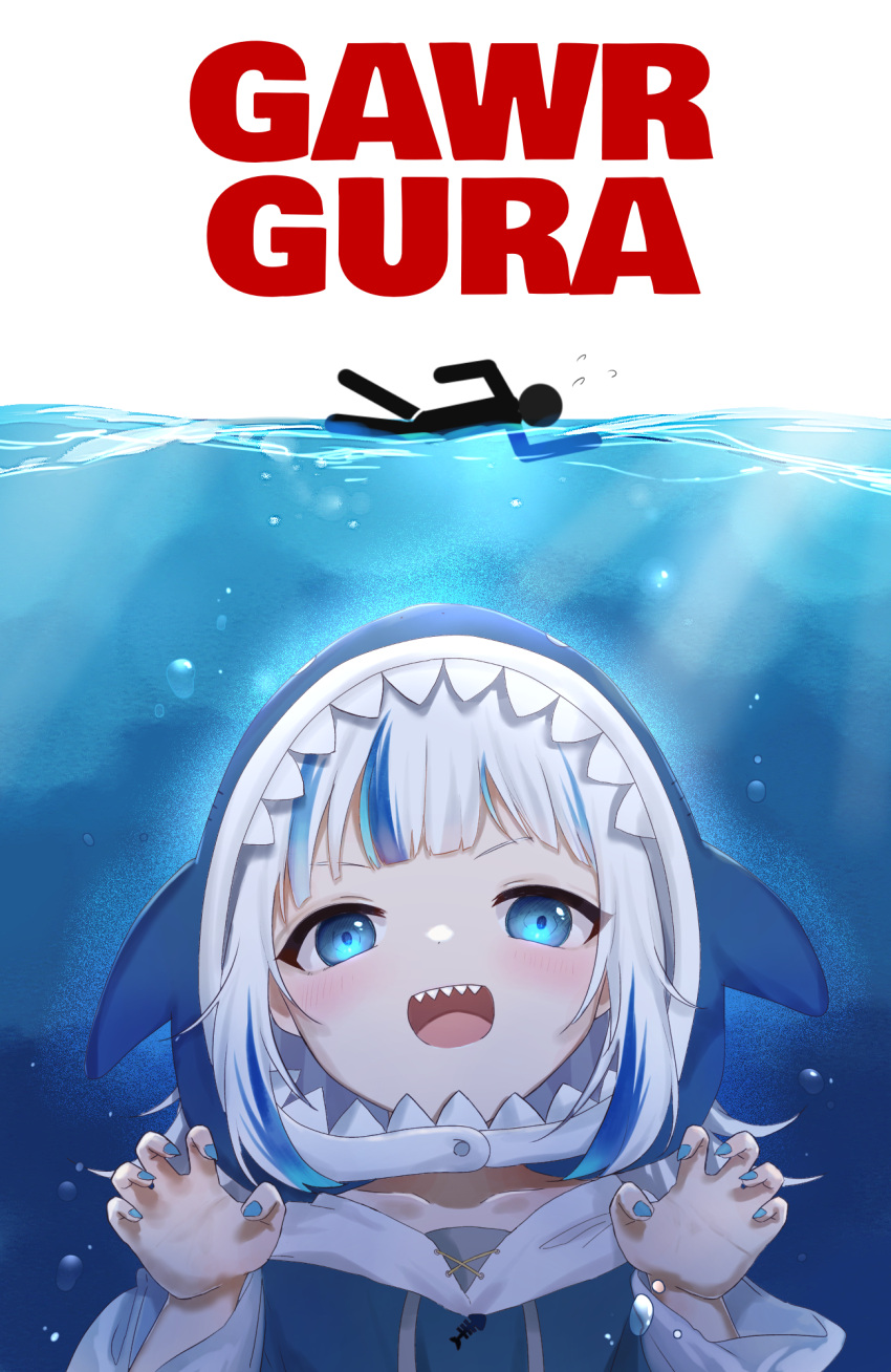 1girl, animal_costume, blue_eyes, blue_hair, bubble, character_name, commentary, english_text