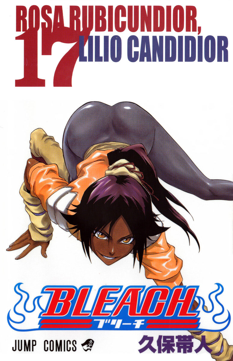 bleach, crawl, kubo_tite, official_art, ponytail, purple_hair, shihouin_yoruichi, smile, volume_cover