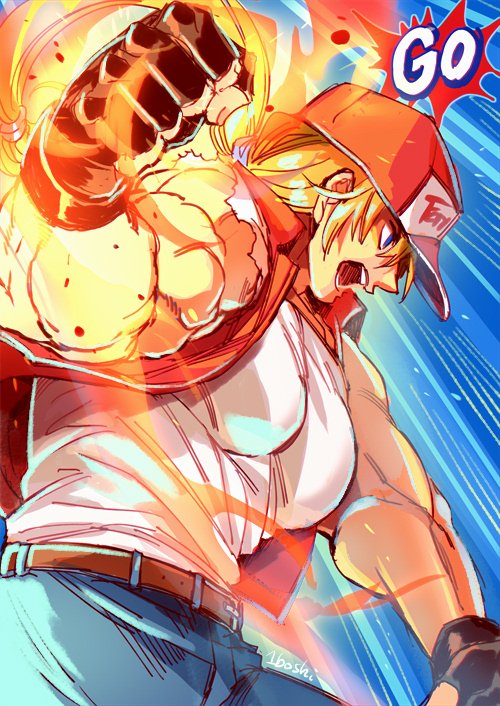 1boy, 5_(1boshi), baseball_cap, blonde_hair, blue_eyes, denim, fatal_fury, fatal_fury_cap, fingerless_gloves, gloves, hat, jacket, jeans, long_hair, male_focus, muscular, pants, ponytail, simple_background, solo, super_smash_bros., terry_bogard, the_king_of_fighters, vest