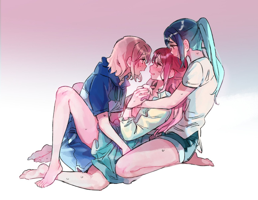 3girls, between_legs, blue_hair, blush, brown_hair, commentary_request, feet, hand_grab