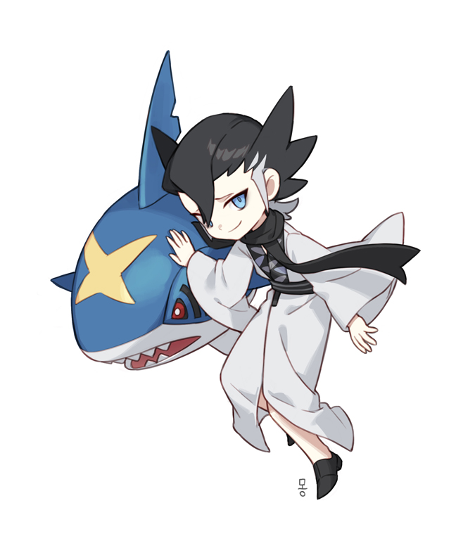 1boy, bangs, black_footwear, black_hair, black_scarf, blue_eyes, closed_mouth, commentary_request