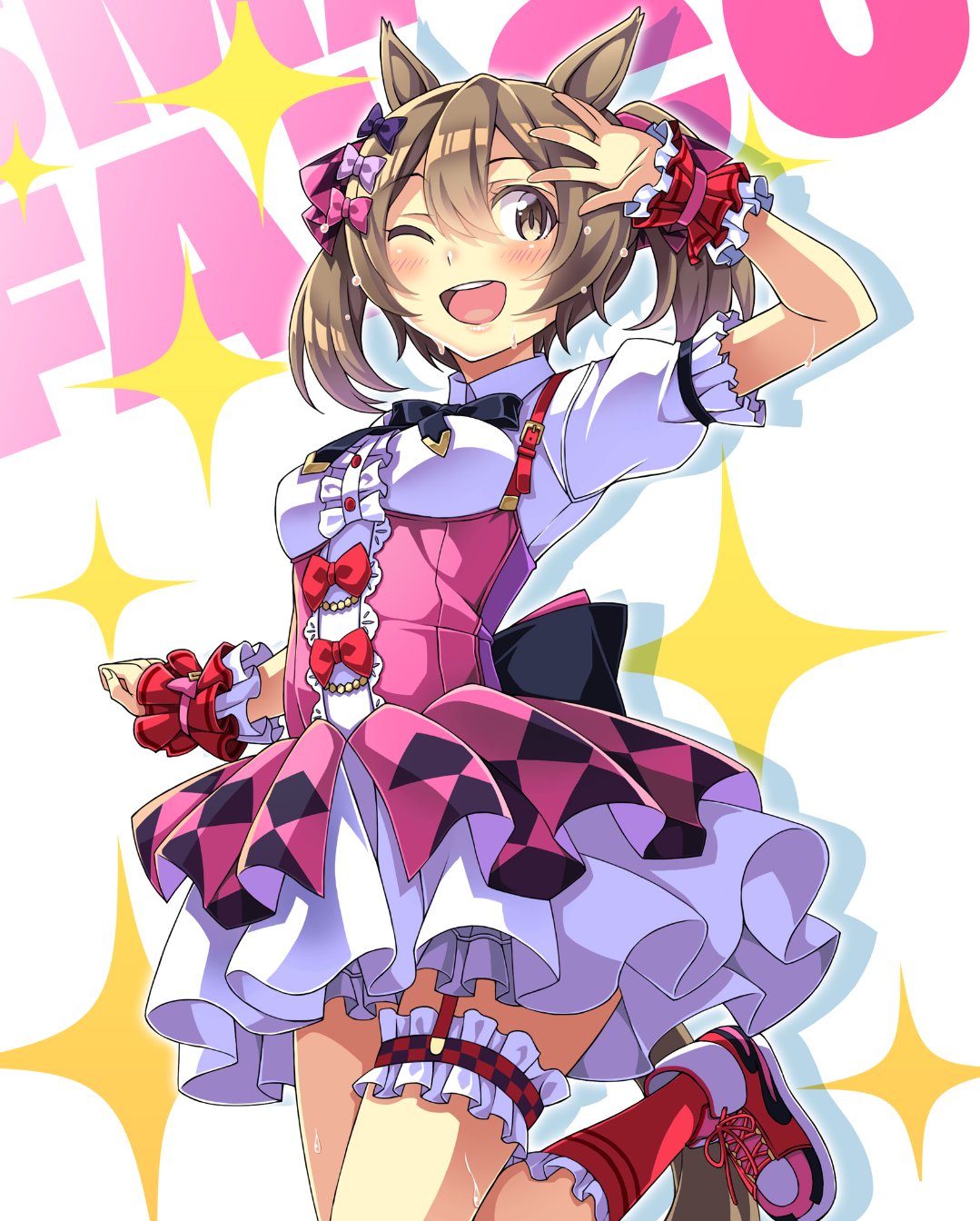 1girl, animal_ears, black_neckwear, breasts, brown_eyes, brown_hair, character_name, collared_shirt