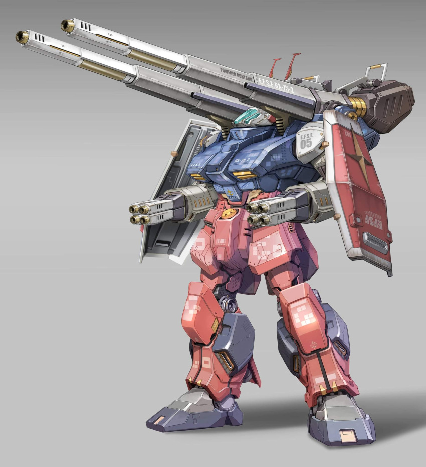 arm_cannon, fusion, grey_background, guncannon, gundam, guntank, highres, maeda_hiroyuki