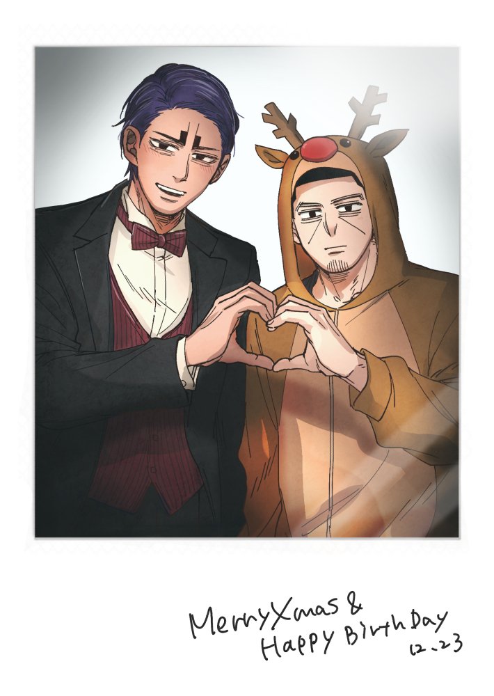2boys, :d, animal_costume, black_eyes, black_suit, bow, bowtie, dated, facial_hair, golden_kamuy, happy_birthday, heart, heart_hands, heart_hands_duo, koito_otonoshin, long_sleeves, looking_at_viewer, male_focus, merry_christmas, multiple_boys, nishima_(t-v-r38), open_mouth, photo_(object), red_bow, reindeer_costume, smile, stubble, thick_eyebrows, tsukishima_hajime