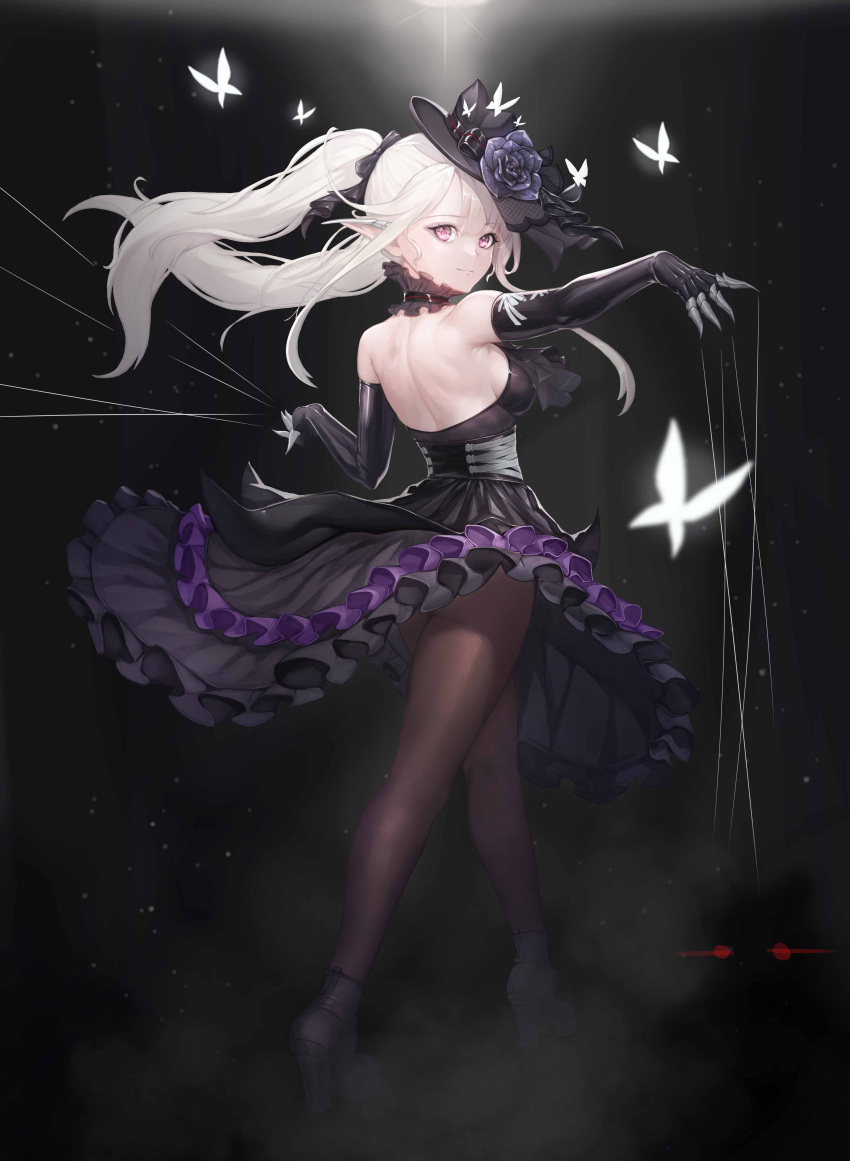 1girl, absurdres, bangs, bare_shoulders, black_dress, black_gloves, black_headwear, breasts