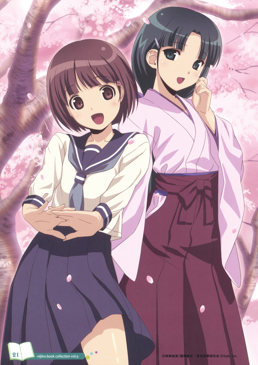 absurdres, black_eyes, black_hair, bob_cut, brown_eyes, brown_hair, cherry_blossoms, hair_ornament