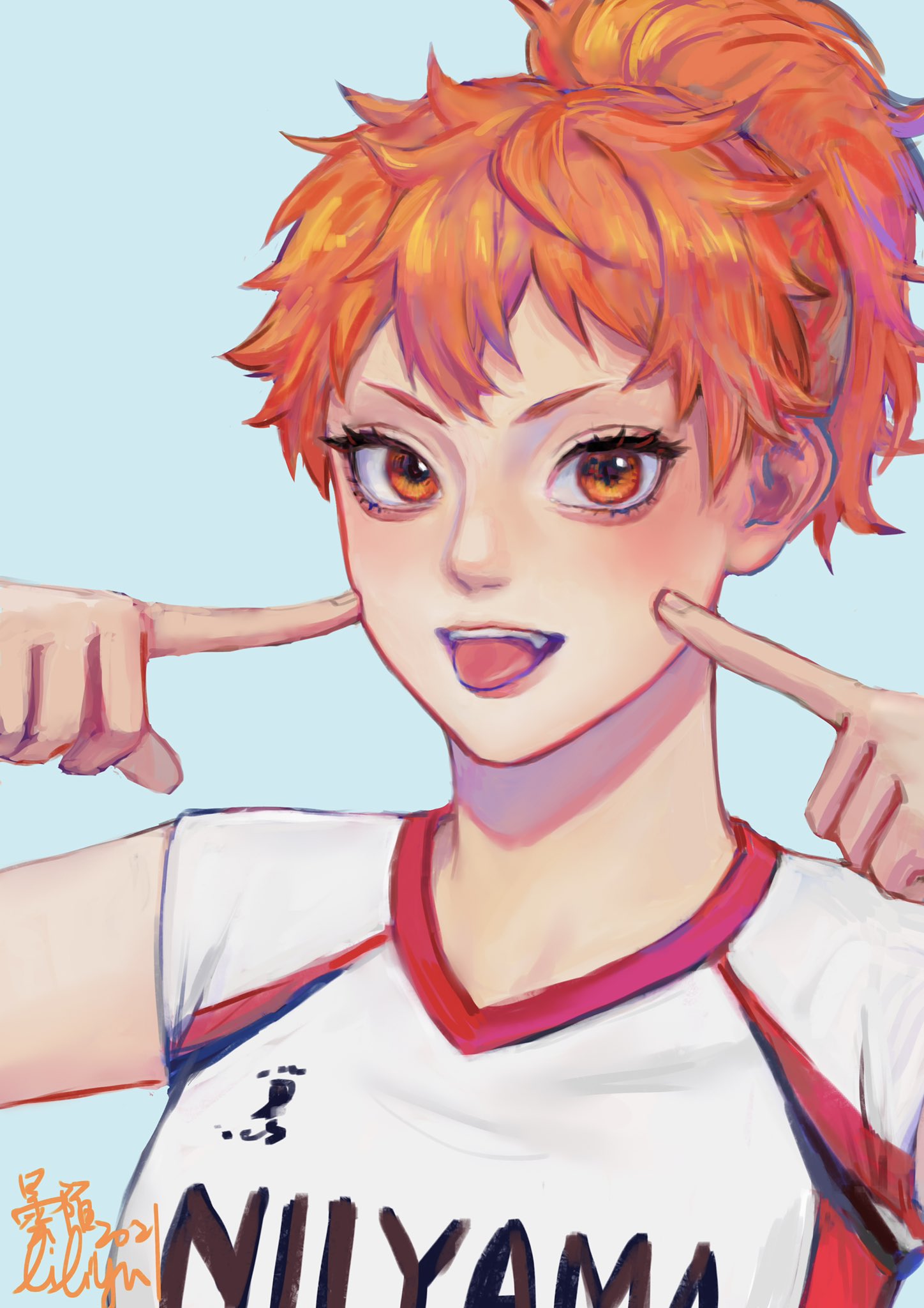 1girl, :p, blue_background, eyebrows, eyelashes, fingernails, fingers_to_cheeks, haikyuu!!, hands_up, highres, hinata_natsu, litamo0413, looking_at_viewer, medium_hair, orange_eyes, orange_hair, ponytail, portrait, simple_background, smile, solo, sportswear, teeth, tongue, tongue_out, volleyball_uniform