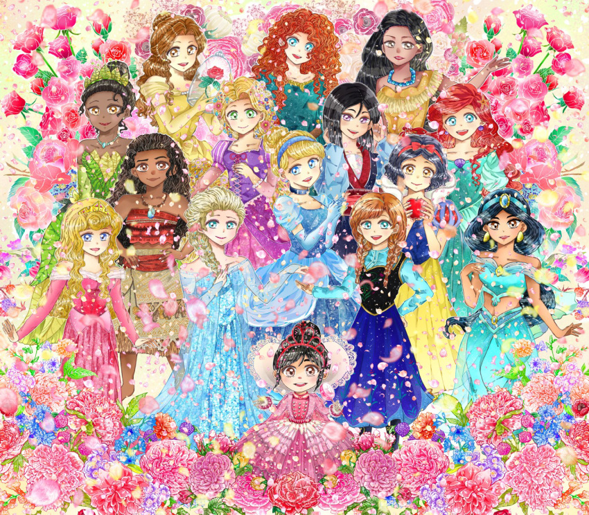 6+girls, 87854424, aladdin_(disney), anna_(frozen), aqua_dress, aqua_eyes, ariel_(disney), aurora_(disney)