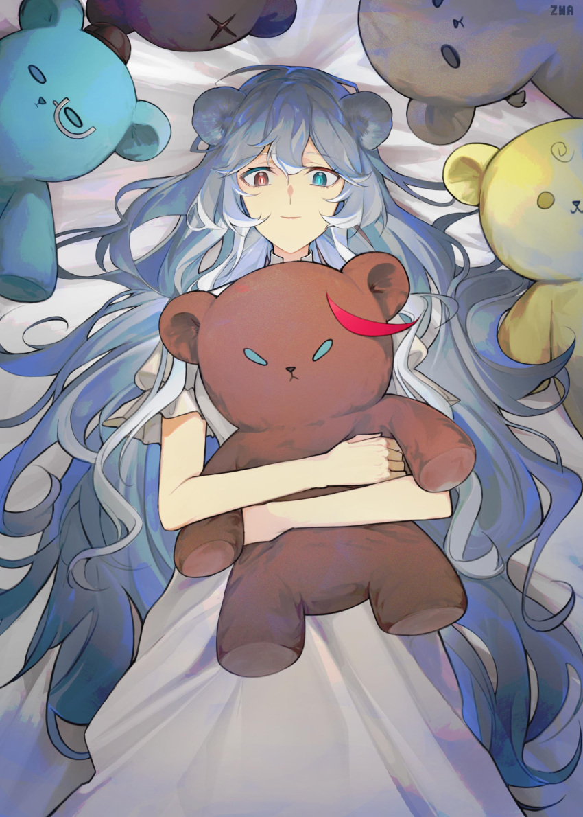 1girl, absinthe_(arknights), absurdres, ahoge, animal_ears, arknights, bear_ears, bear_girl, blue_eyes, blue_hair, dress, gummy_(arknights), heterochromia, highres, holding, holding_stuffed_toy, istina_(arknights), leto_(arknights), long_hair, monocle, red_eyes, rosa_(arknights), scar, stuffed_animal, stuffed_toy, teddy_bear, white_dress, zima_(arknights), zwa