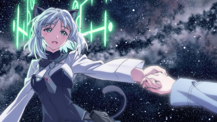 1girl, animal_ears, black_neckwear, black_shirt, black_skirt, bob_cut, cat_ears, cat_tail