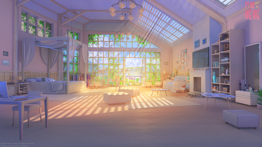 absurdres, arseniy_chebynkin, balcony, bed, bed_sheet, bedroom, blanket, blinds