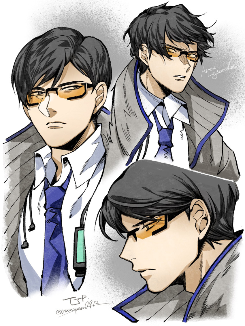 1boy, apex_legends, black_eyes, blue_neckwear, collared_shirt, crypto_(apex_legends), from_side, frown