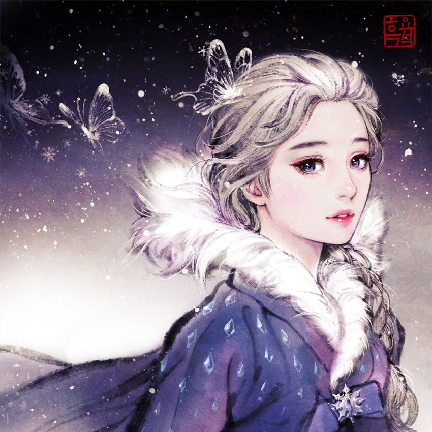 1girl, 2020, alternate_costume, blue_dress, blue_eyes, bow, braid, bug, butterfly, crystal, crystal_dress, disney, dress, elsa_(frozen), frozen_(disney), fur-trimmed_dress, fur_collar, fur_trim, hanbok, insect, korean_clothes, korean_text, night, night_sky, olaf's_frozen_adventure, photoshop_(medium), red_eyes, signature, sky, snowflake_ornament, snowflakes, snowing, solo, traditional_clothes, white_hair, woohnayoung