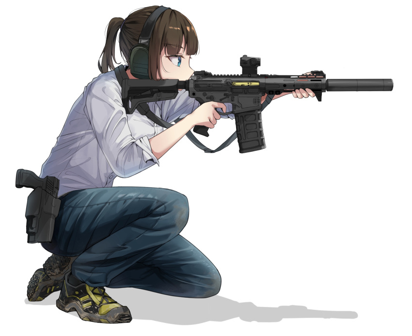 1girl, aiming, ar-15, assault_rifle, bangs, blue_eyes, brown_hair, denim