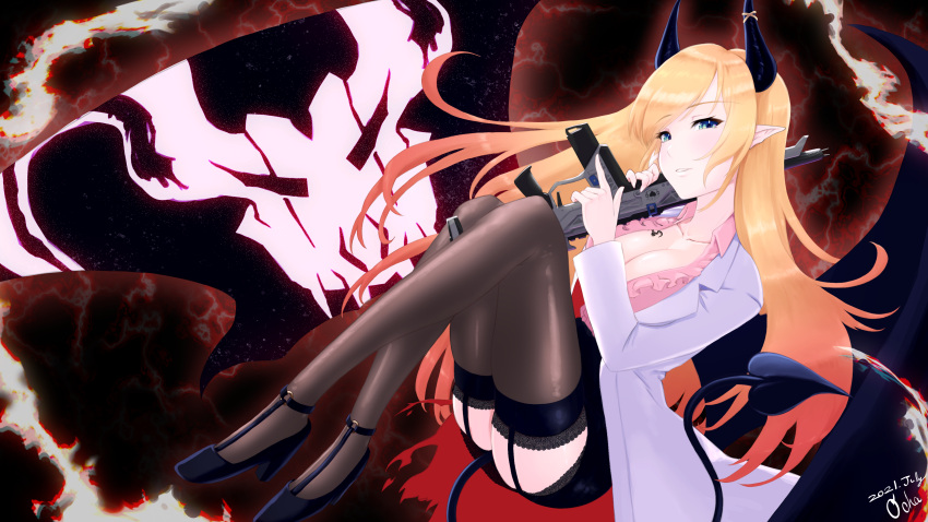 1girl, absurdres, apex_legends, assault_rifle, black_footwear, black_skirt, blue_eyes, breasts