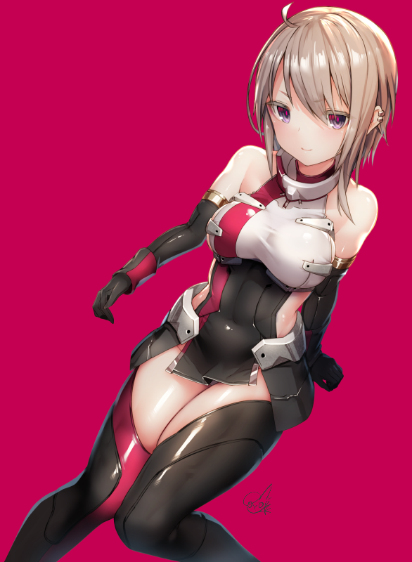 1girl, ahoge, alice_gear_aegis, arm_support, armor, bangs, bare_shoulders, black_gloves