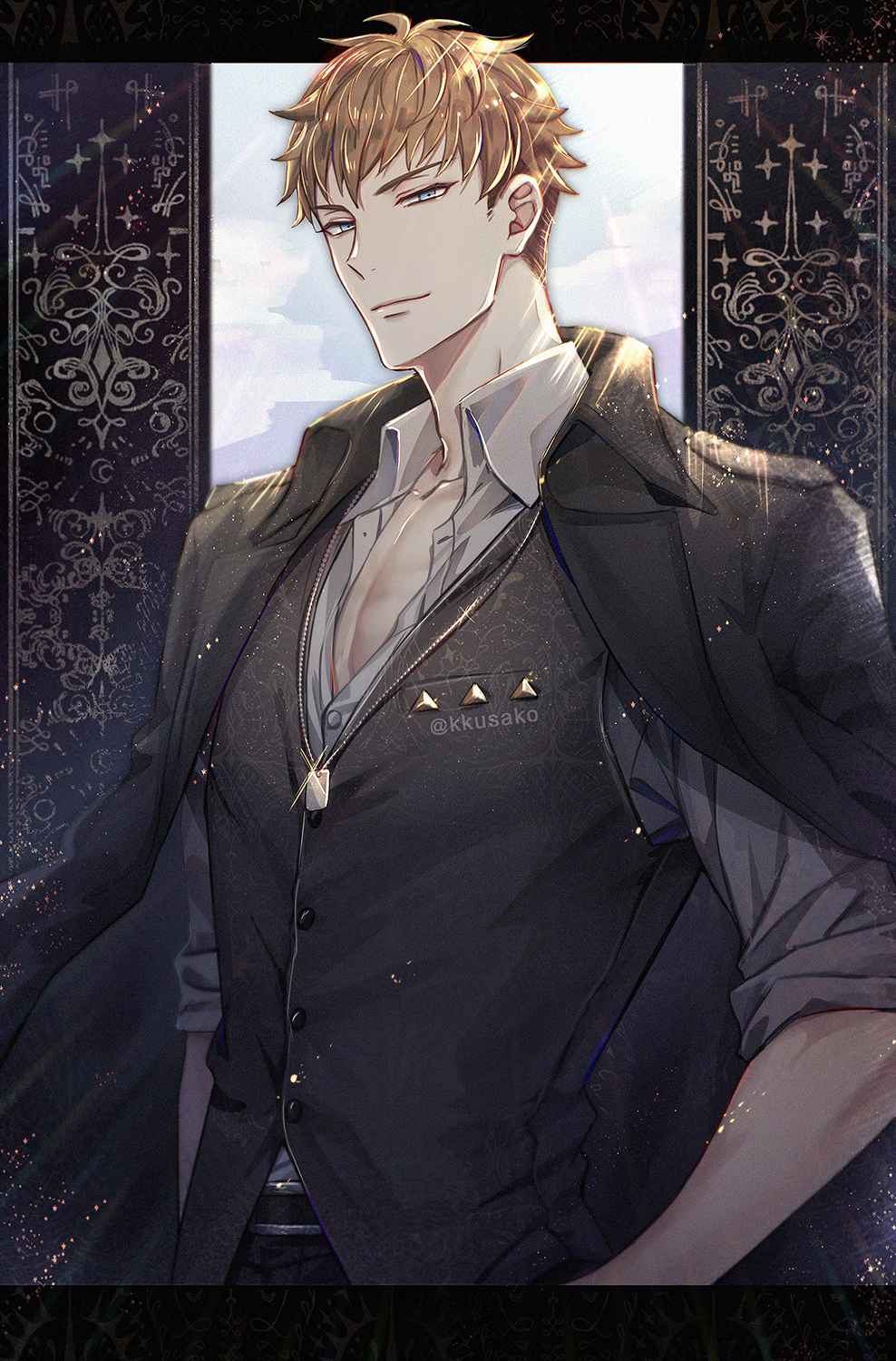 1boy, black_background, black_jacket, black_vest, blue_eyes, brown_hair, busujima_riou_mason, dog_tags