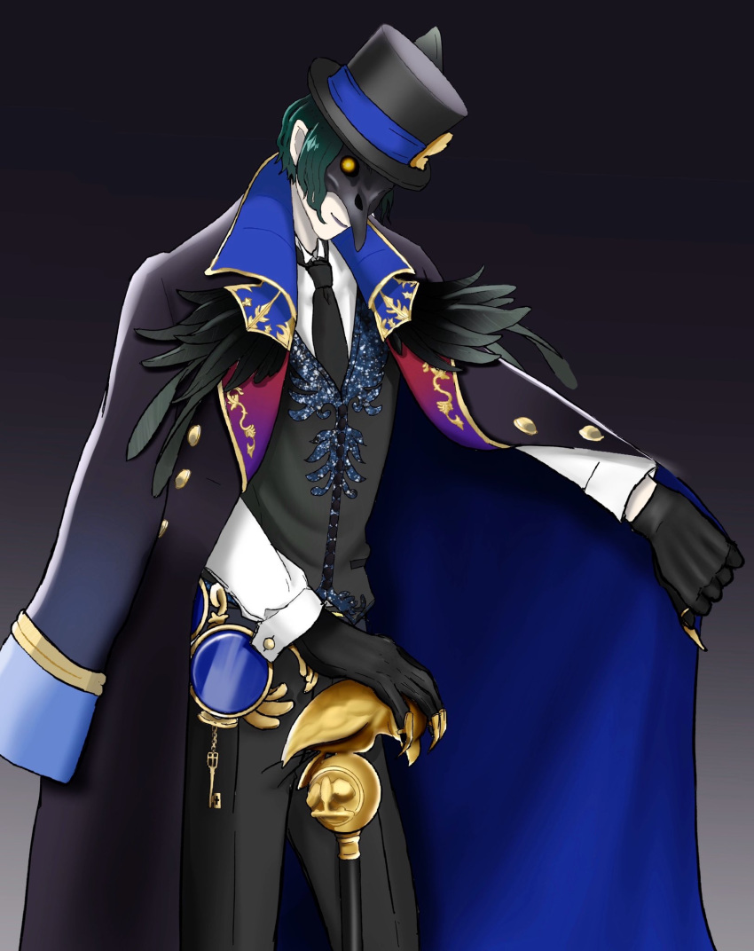 1boy, black_gloves, black_headwear, black_jacket, black_neckwear, black_vest, dire_crowley, feathers