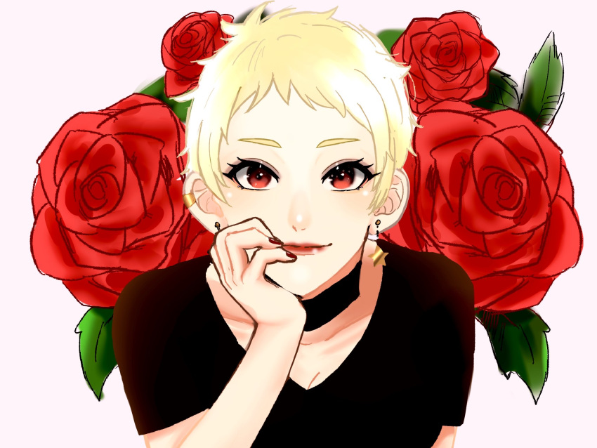 1girl, black_shirt, blonde_hair, earrings, flower, highres, idolmaster, idolmaster_cinderella_girls