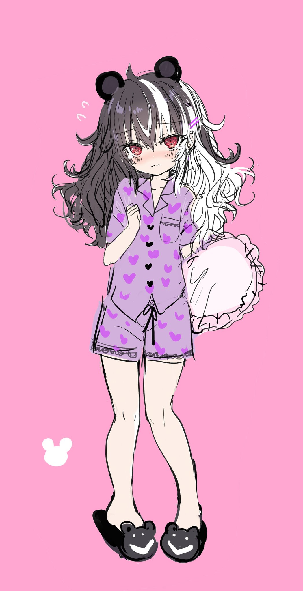 1girl, animal_ears, animal_slippers, bangs, bear_ears, black_footwear, black_hair, blush