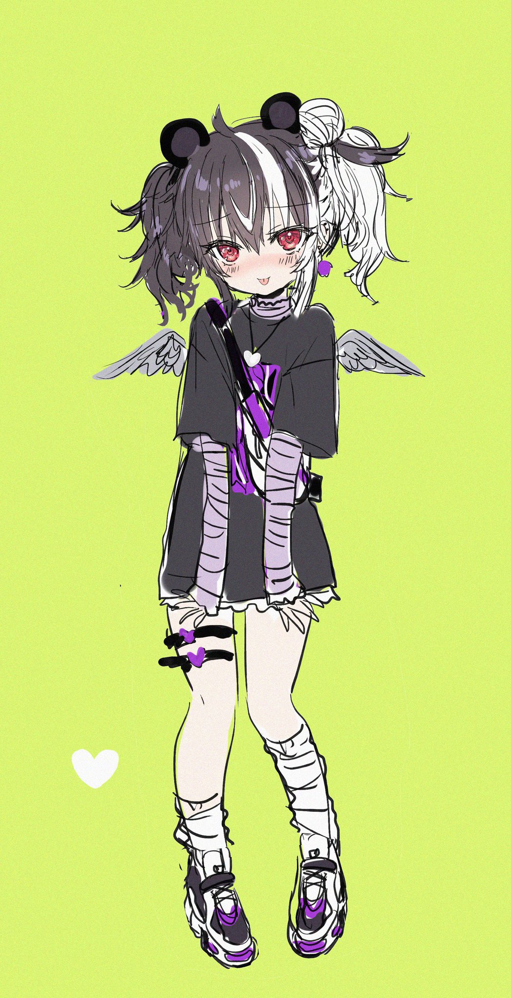 1girl, :p, animal_ears, arm_warmers, bangs, bear_ears, black_footwear, black_hair