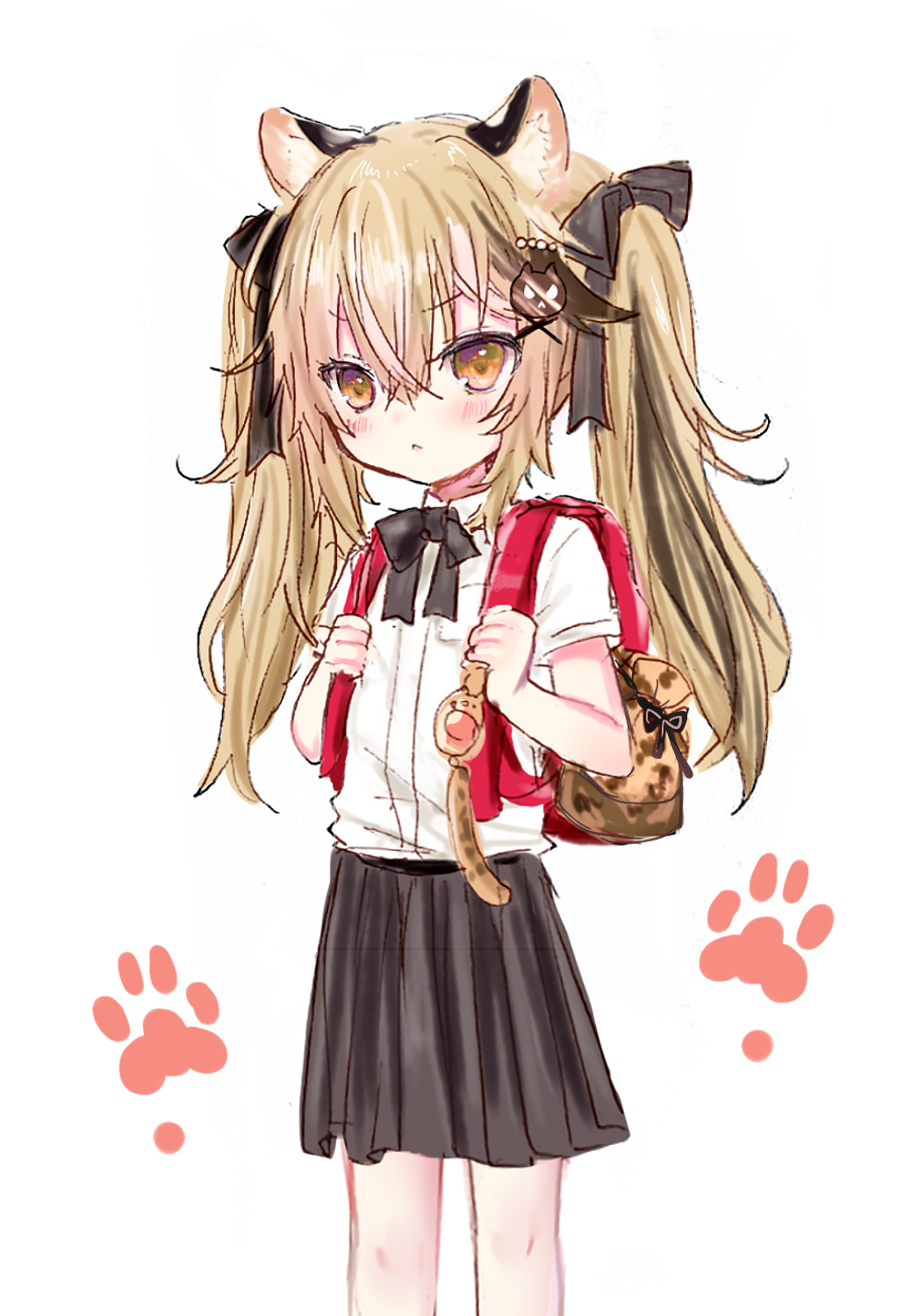 1girl, animal_ear_fluff, animal_ears, backpack, bag, bangs, black_bow, black_hair, black_skirt, blush, bow, brown_eyes, brown_hair, collared_shirt, crime_prevention_buzzer, dress_shirt, eyebrows_visible_through_hair, hair_between_eyes, hair_bow, hair_ornament, highres, indie_virtual_youtuber, leopard_ears, long_hair, looking_at_viewer, multicolored_hair, no.fifteen, parted_lips, pleated_skirt, randoseru, shiodome_oji, shirt, simple_background, skirt, solo, streaked_hair, twintails, very_long_hair, virtual_youtuber, white_background, white_shirt, x_hair_ornament, younger