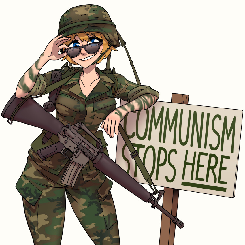 1girl, absurdres, assault_rifle, blonde_hair, blue_eyes, camouflage, camouflage_headwear, camouflage_jacket, camouflage_pants, grin, gun, hand_on_eyewear, hat, highres, jacket, looking_at_viewer, m16, military, military_hat, military_uniform, original, pants, radio_antenna, radio_controller, rifle, short_hair, signpost, simple_background, sleeves_rolled_up, smile, solo, sunglasses, tattoo, uniform, vietnam_war, weapon, white_background, willy_pete