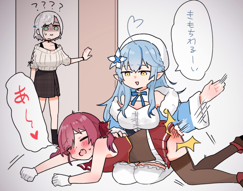 3girls, ahoge, ass, bangs, blue_hair, braid, elf, eyebrows_visible_through_hair, flower, green_eyes, hair_between_eyes, hair_flower, hair_ornament, hair_ribbon, half_updo, heart_ahoge, hololive, houshou_marine, long_hair, multicolored_hair, multiple_girls, open_mouth, pointy_ears, redhead, ribbon, sakana_(saka11205), shirogane_noel, short_hair, silver_hair, spanking, streaked_hair, translation_request, twintails, very_long_hair, virtual_youtuber, walk-in, yellow_eyes, yukihana_lamy
