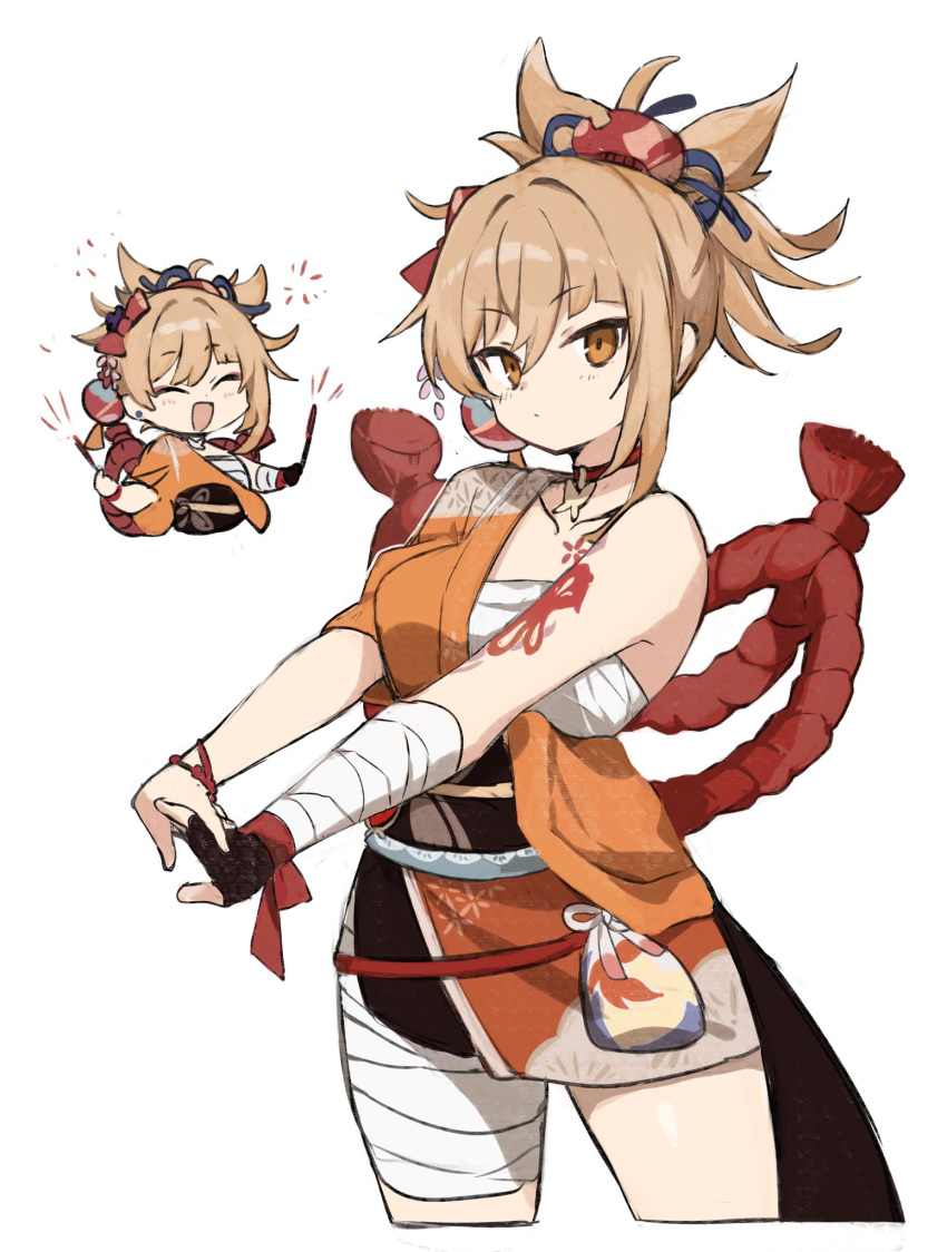 1girl, arm_tattoo, bandages, bangs, black_gloves, blonde_hair, blush, breasts