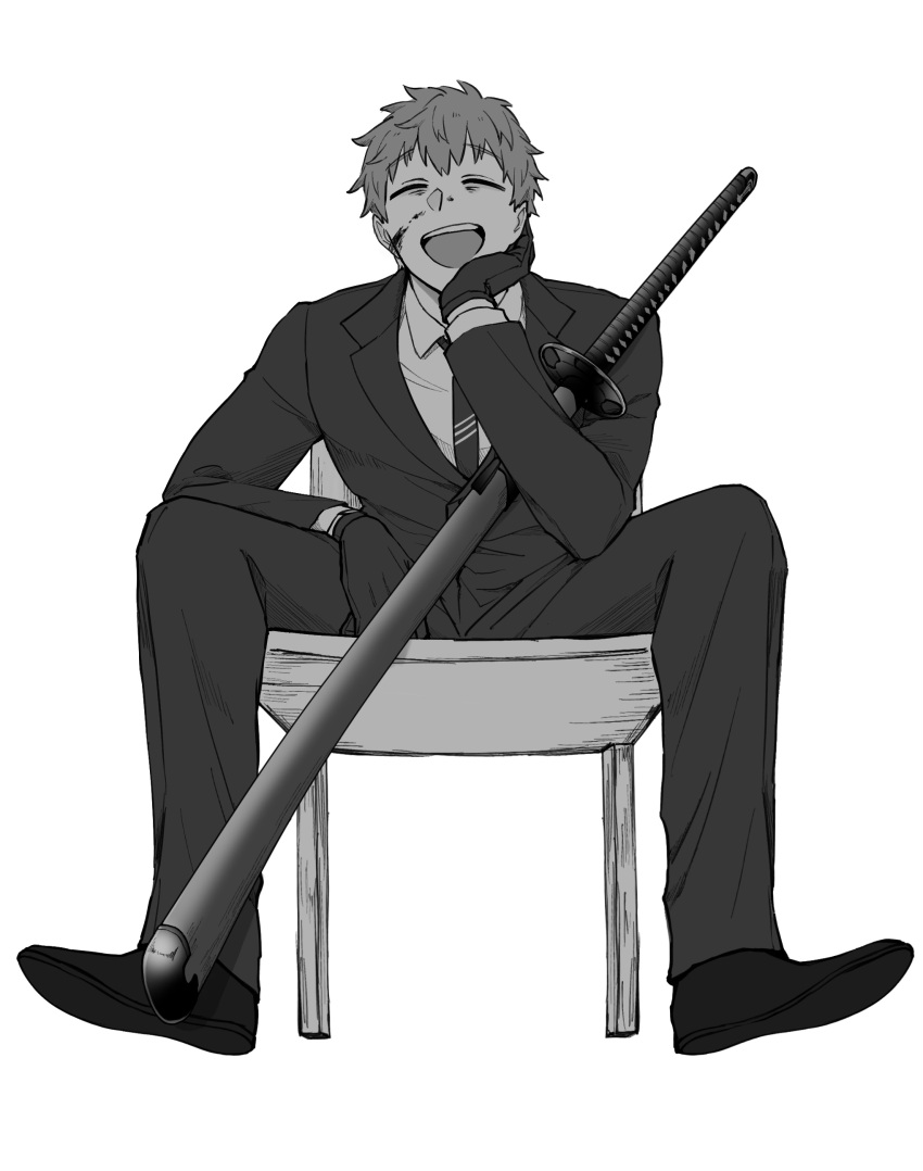 1boy, absurdres, black_footwear, black_neckwear, black_suit, blood, blood_on_face, chair