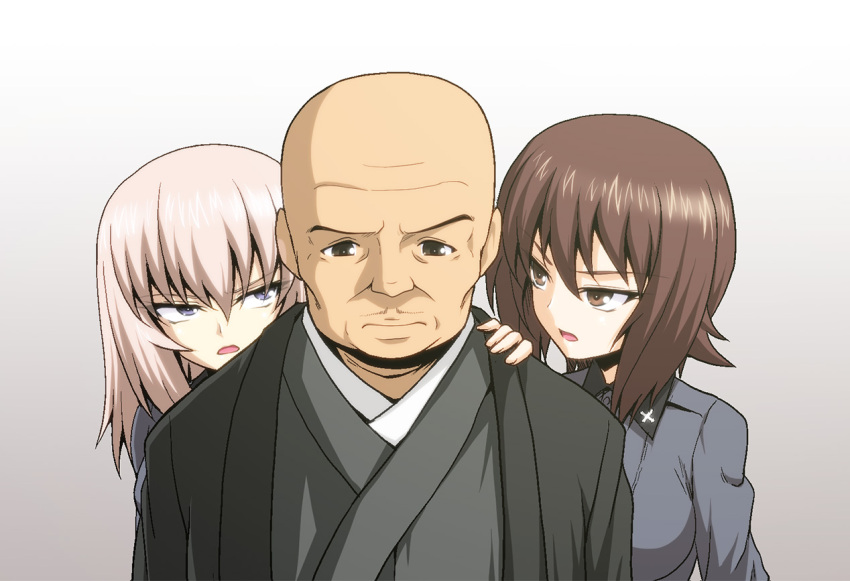 1boy, 2girls, bald, bangs, blue_eyes, brown_eyes, brown_hair, dress_shirt