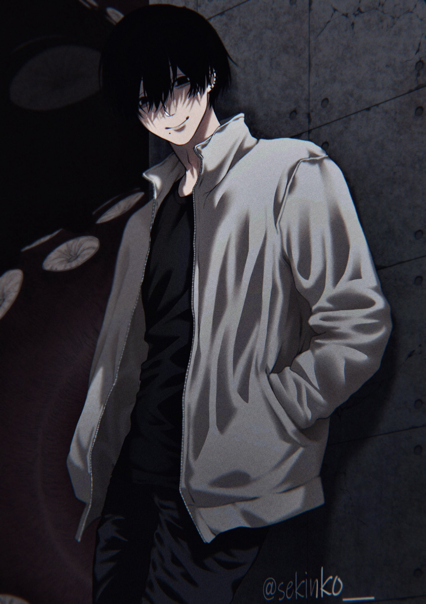 1boy, bangs, black_background, black_eyes, black_hair, black_pants, black_shirt, blank_eyes, chainsaw_man, closed_mouth, cowboy_shot, hair_between_eyes, hands_in_pockets, highres, jacket, long_sleeves, looking_at_viewer, male_focus, mole, mole_under_mouth, pants, sekinko, shirt, short_hair, smile, solo, standing, twitter_username, white_jacket, yoshida_hirofumi