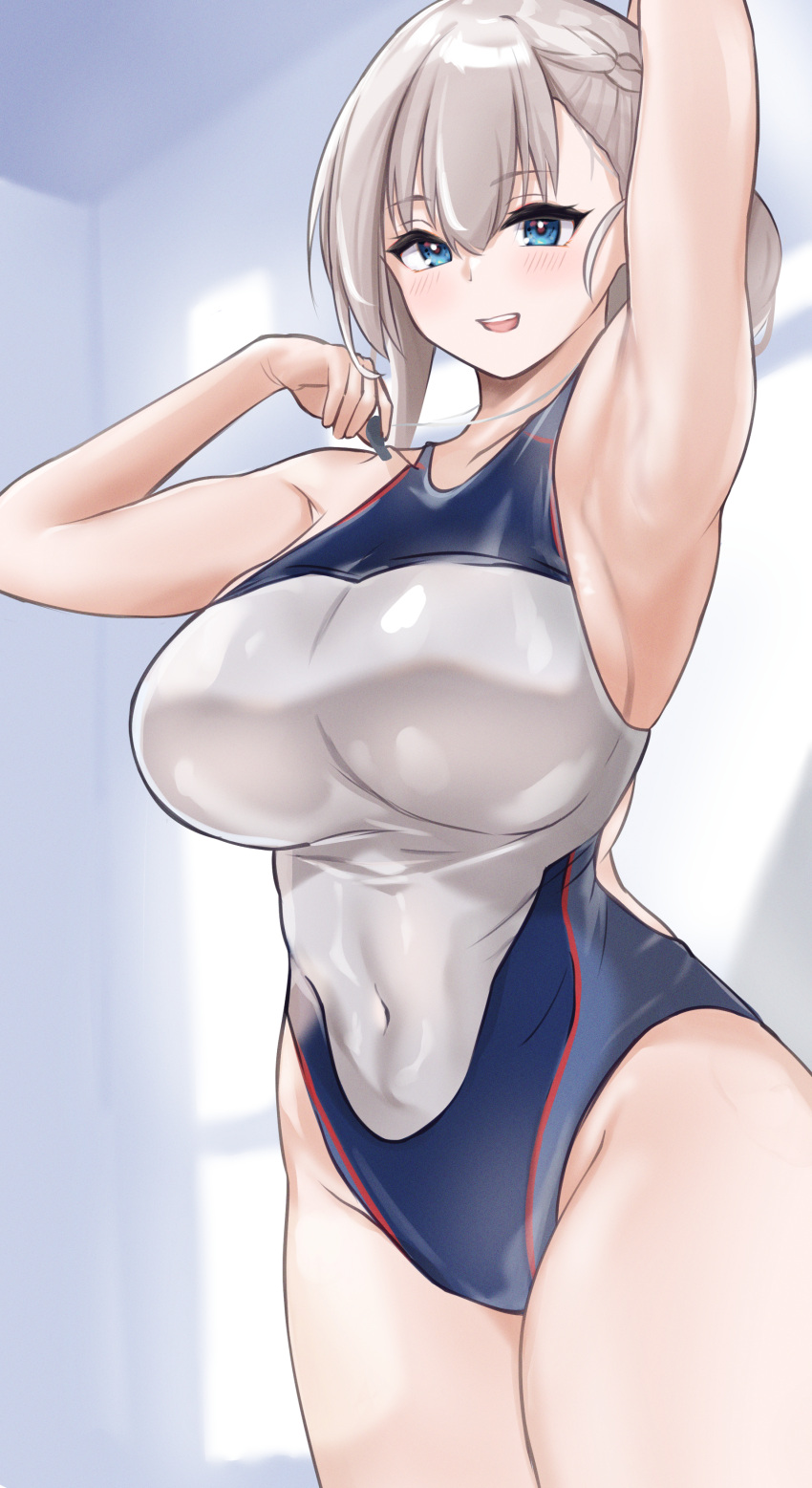 1girl, absurdres, alternate_costume, arm_up, armpits, asymmetrical_hair, azur_lane, belfast_(azur_lane)