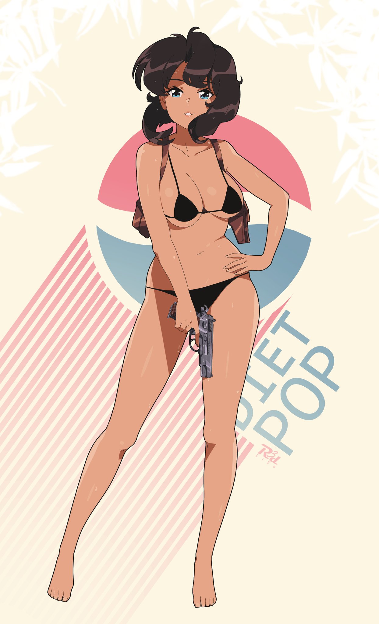 1990s_(style), barefoot, bikini, black_bikini, black_hair, blue_eyes, cz-75, dark-skinned_female