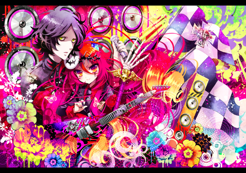 alex_redgrave, bone, butterfly, clyde_coen, eyeliner, guitar, instrument, long_hair