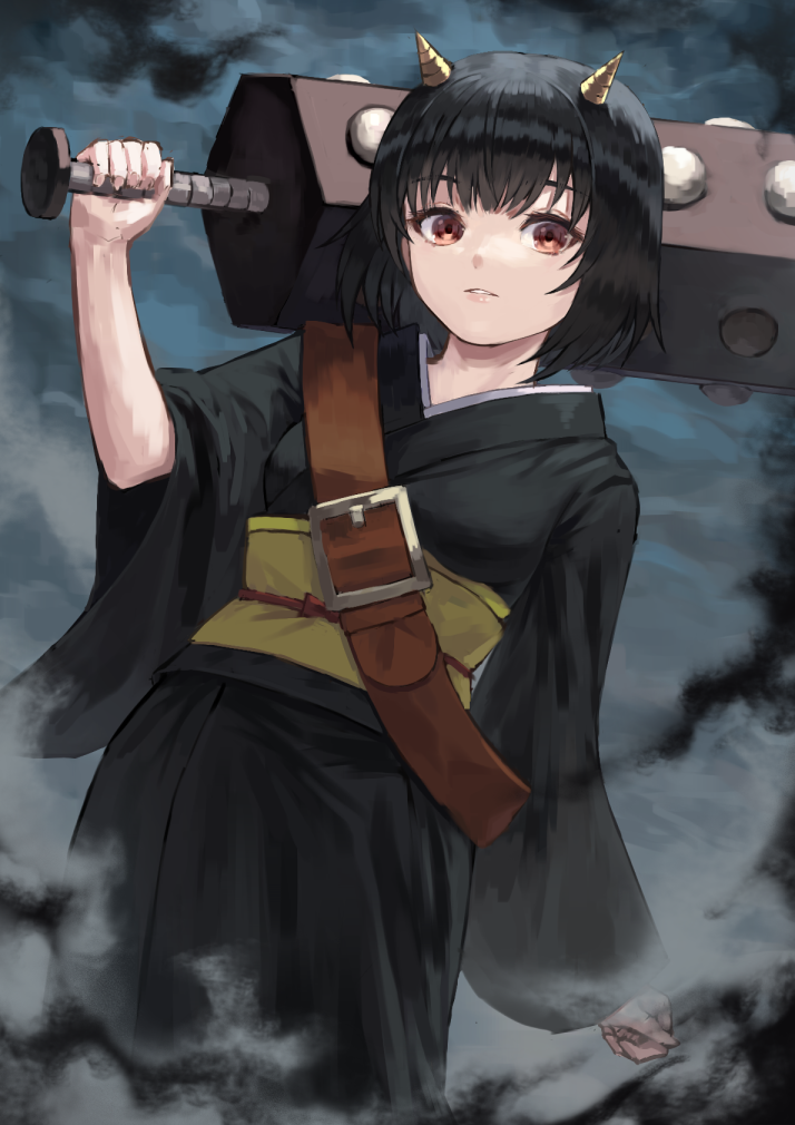 1girl, black_hair, brown_eyes, club, fagi_(kakikaki), fog, gedomaru, gintama