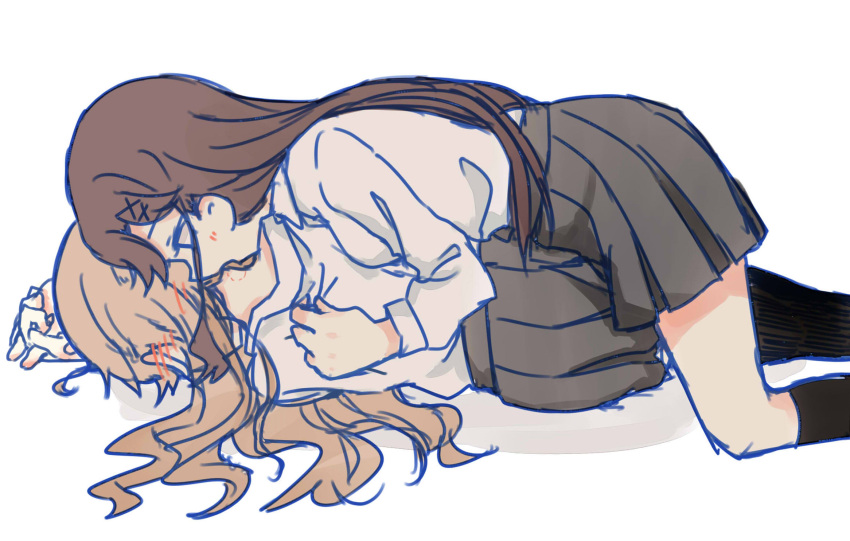 2girls, bangs, bite_mark, black_legwear, blonde_hair, blouse, blush, blush_visible_through_hair