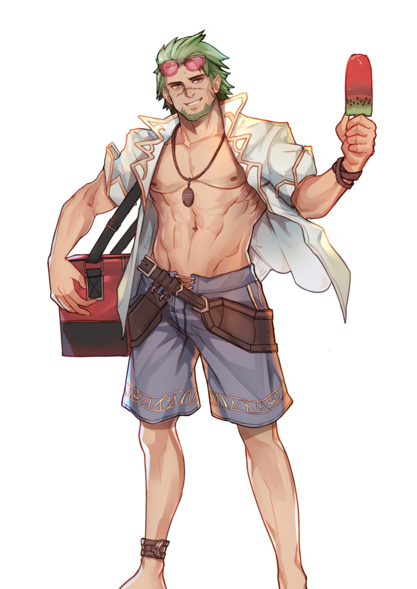 1boy, alex_(cerealex), alternate_costume, anklet, bare_pectorals, beard, belt, blue_shorts, bracelet, brown_eyes, collarbone, commentary, cooler, cross-laced_clothes, cross-laced_shorts, english_commentary, eyewear_on_head, facial_hair, feet_out_of_frame, fire_emblem, food, gerik_(fire_emblem), green_hair, grin, hair_slicked_back, highres, holding, holding_food, jewelry, looking_at_viewer, male_focus, muscular, muscular_male, navel, necklace, nipples, open_clothes, open_shirt, pectorals, pink-tinted_eyewear, popsicle, scar, scar_on_face, scar_on_nose, shirt, short_hair, shorts, simple_background, sleeves_folded_up, smile, solo, standing, sunglasses, white_shirt
