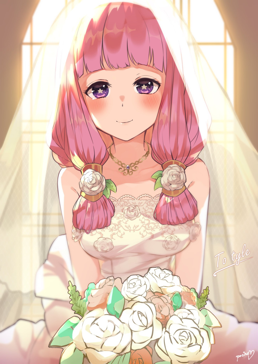 1girl, alternate_costume, bare_shoulders, bouquet, breasts, bride, commission, fire_emblem