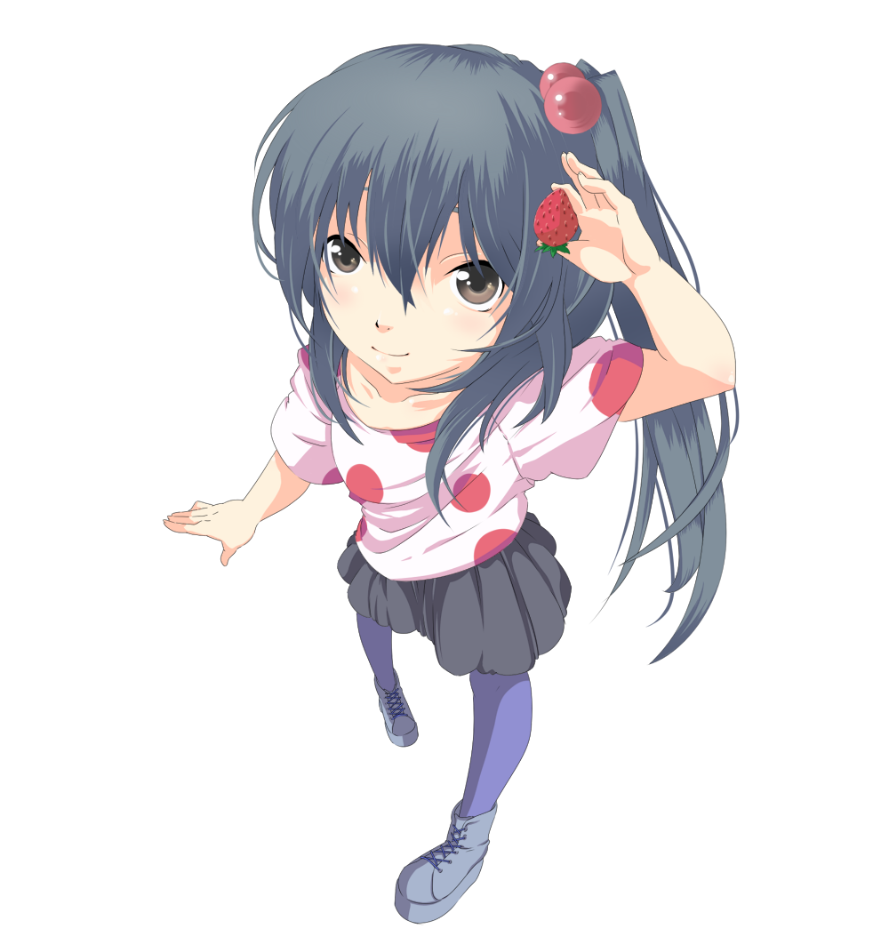 black_hair, blue_legwear, brown_eyes, casual, food, from_above, fruit, hayagiri