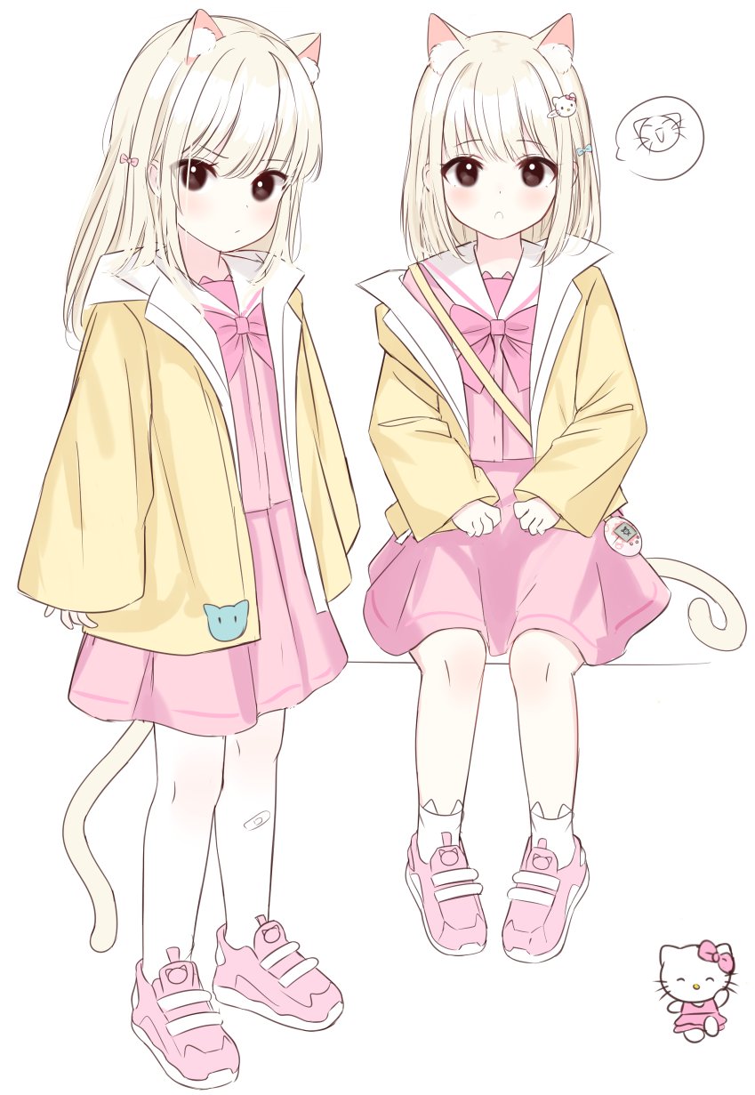 2girls, :o, animal_ear_fluff, animal_ears, blonde_hair, bow, cat_ears, cat_girl