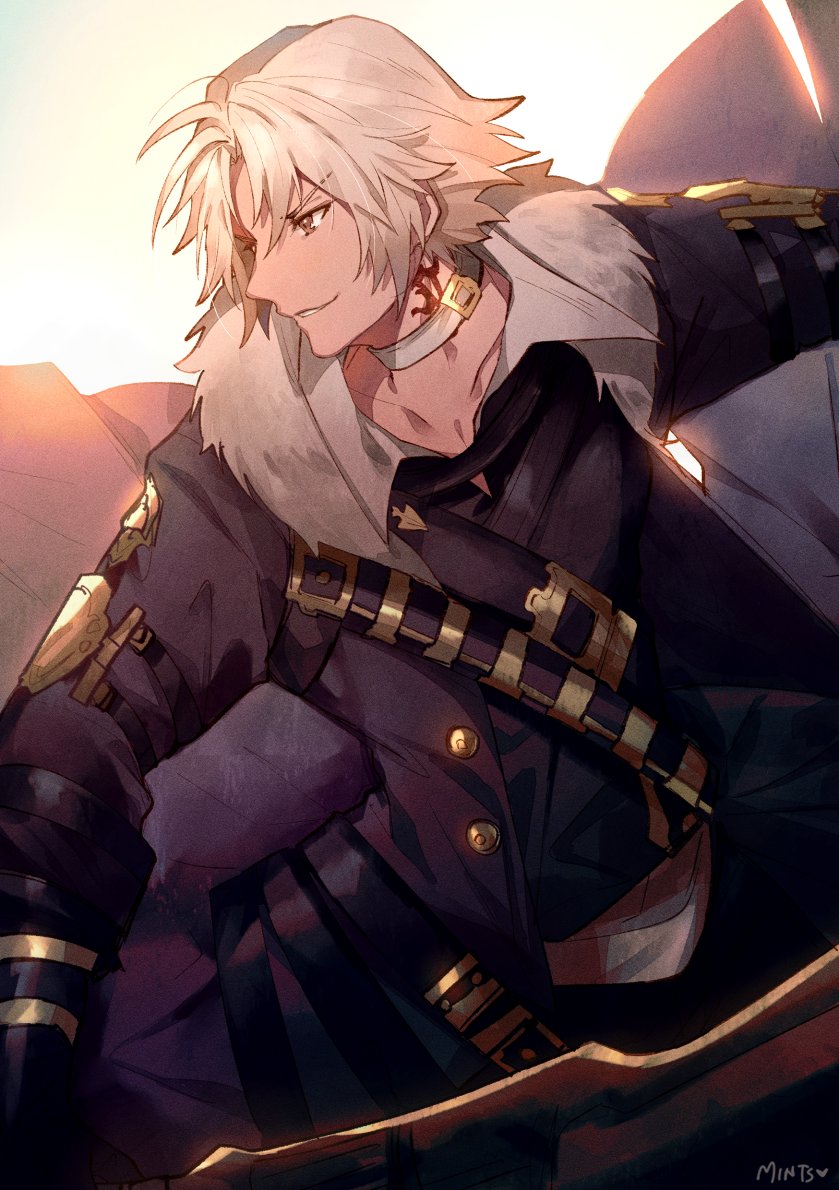 1boy, bangs, belt, choker, final_fantasy, final_fantasy_xiv, fur_collar, gunblade