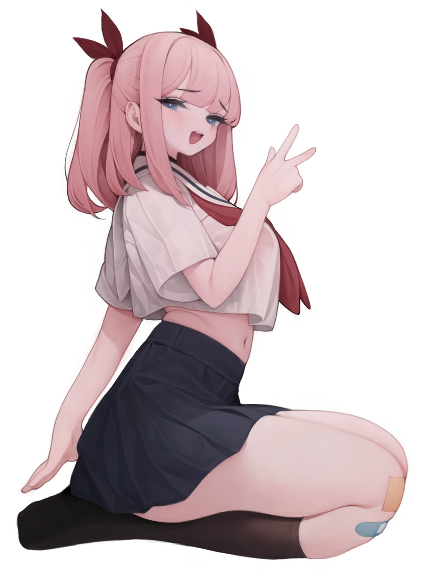 1girl, absurdres, bandaid, bandaid_on_knee, bandaid_on_leg, black_legwear, black_skirt, blue_eyes