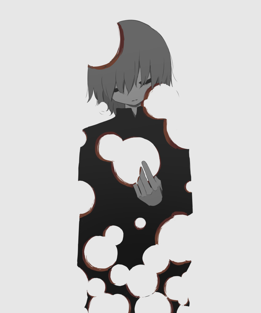 1boy, absurdres, avogado6, black_shirt, commentary_request, cut_finger, facing_viewer, grey_hair