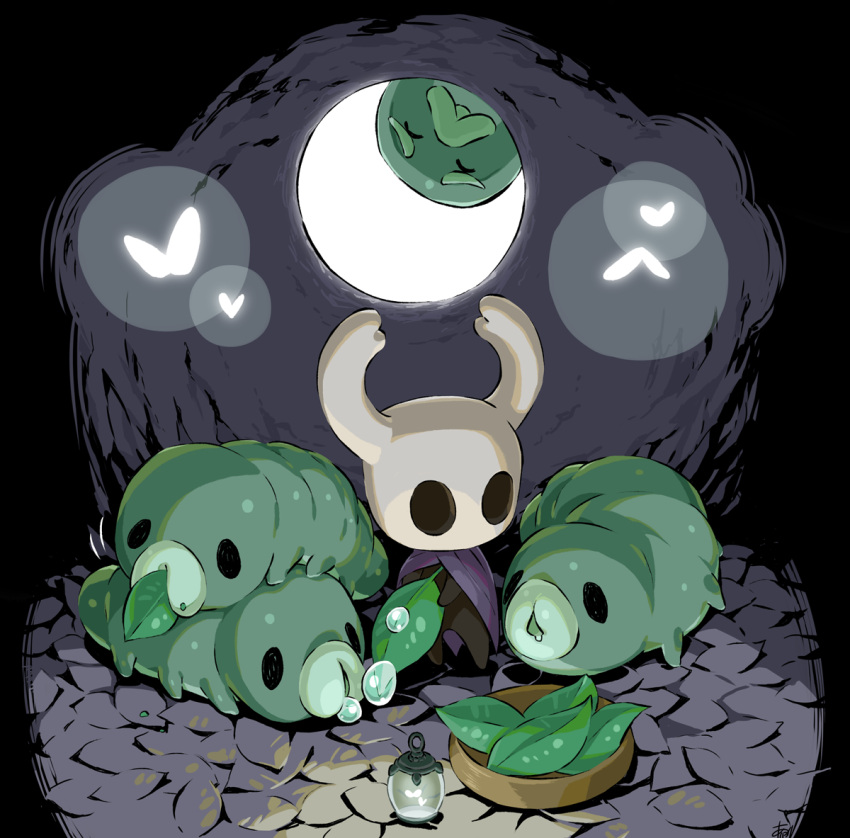 arizuka_(catacombe), bug, cloak, dark_background, glowing, grub_(hollow_knight), holding, hollow_knight