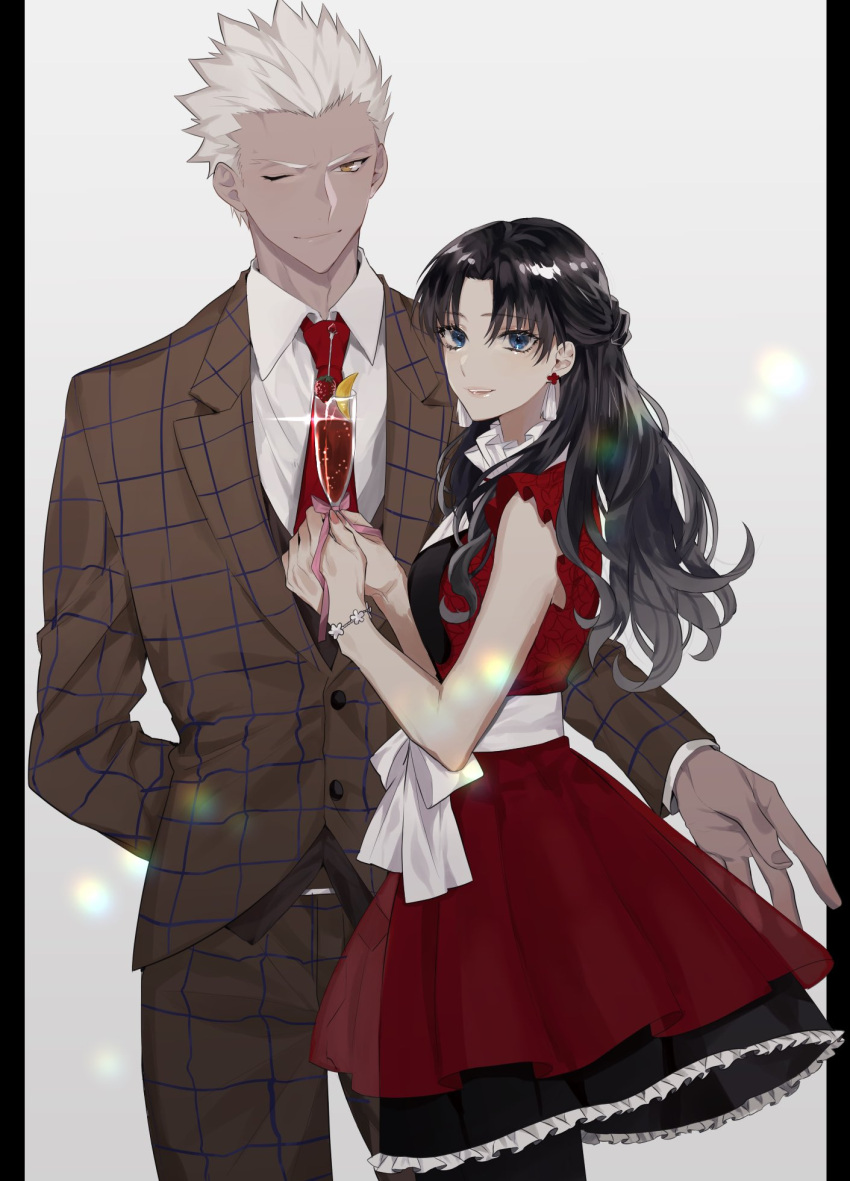 1boy, 1girl, alternate_costume, archer_(fate), bangs, black_hair, blue_eyes, bracelet