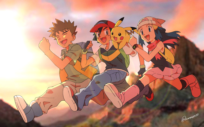 1girl, 2boys, :d, ash_ketchum, backpack, bag, bangs, baseball_cap