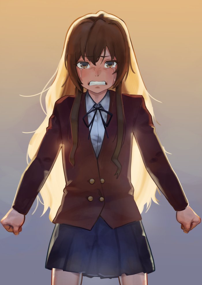 1girl, aisaka_taiga, backlighting, black_ribbon, blue_skirt, blush, brown_eyes, brown_hair